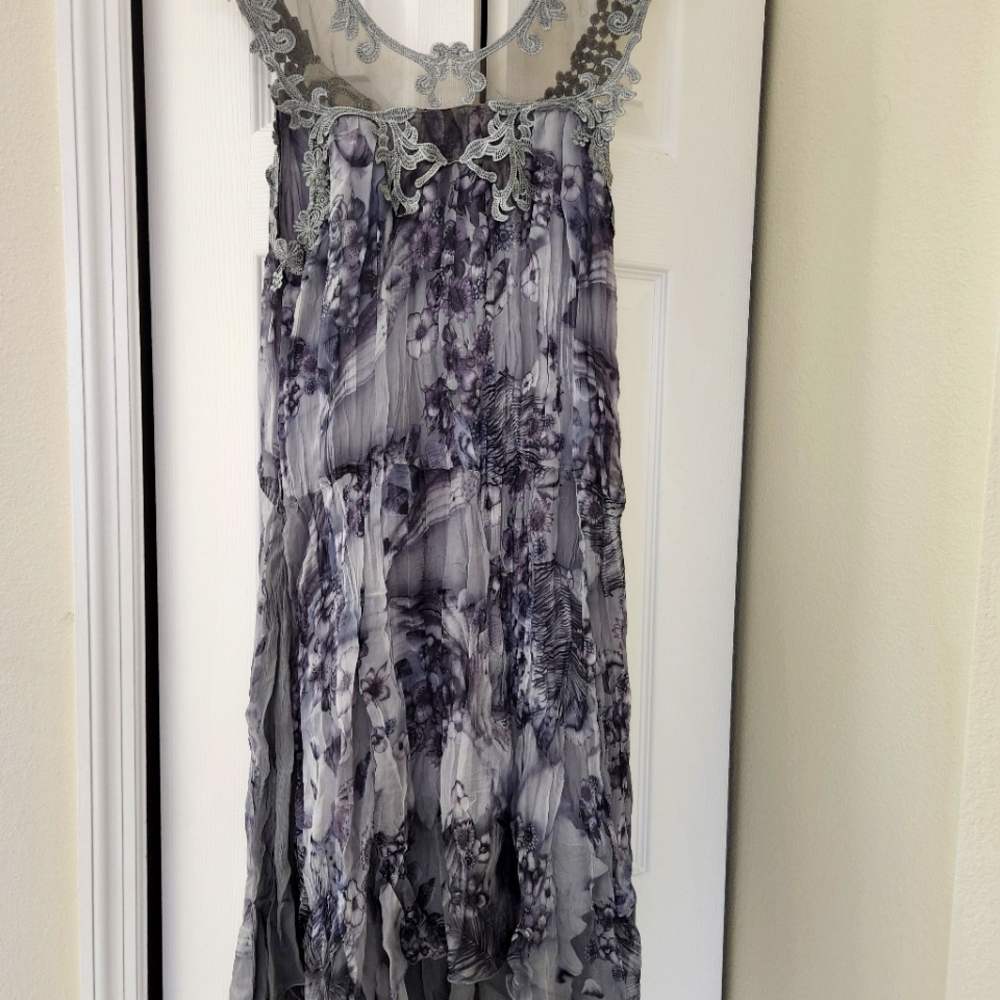 Gray lace and floral print dress